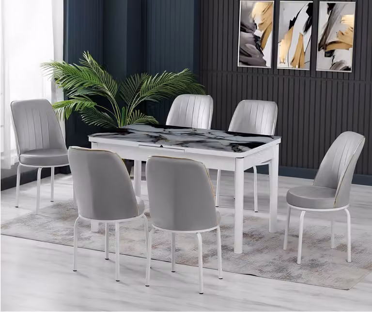 Gruppo di mobili da pranzo: tavolo, sedie, forma rettangolare, marmo, grigio, bianco, design moderno, prodotto nuovo