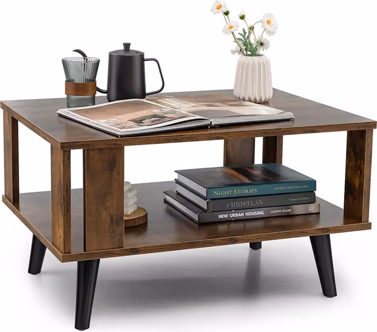 Tavolino da caffè in stile retrò industriale con ripiano, tavolino da cocktail moderno; tavolini da salotto per soggiorno, sala d'attesa, ufficio; in legno, marrone