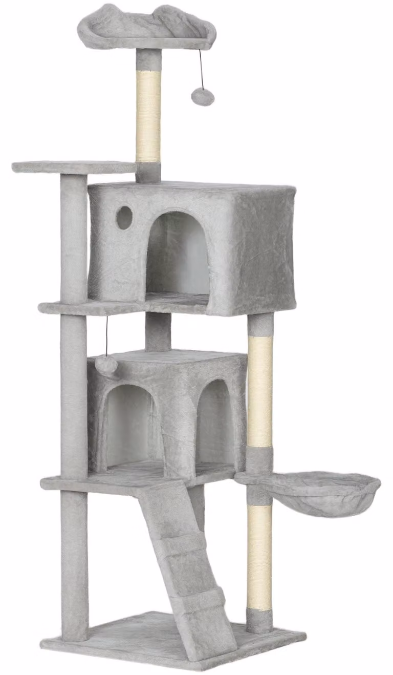 Albero per gatti alto 160 cm con casette e amache | Colore: Grigio e bianco | Dimensioni: 48x48x160 cm