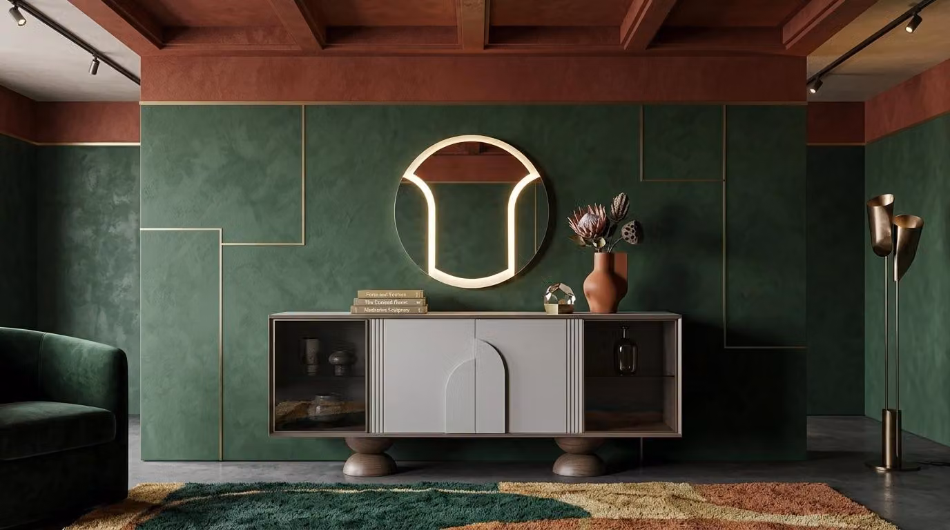 Mobile bar moderno, bianco, in legno e vetro, con specchio e design rotondo