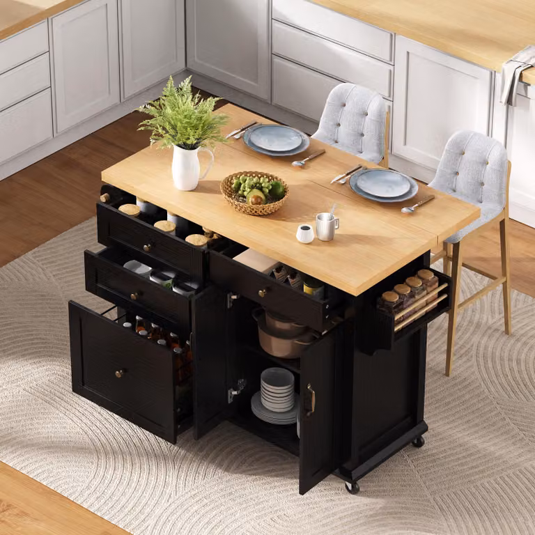 Isola da cucina STILVORA con ruote e tavolo allungabile. Carrello da cucina con cassetti multifunzionali. Mobile da cucina ideale per cucina e sala da pranzo (nero)