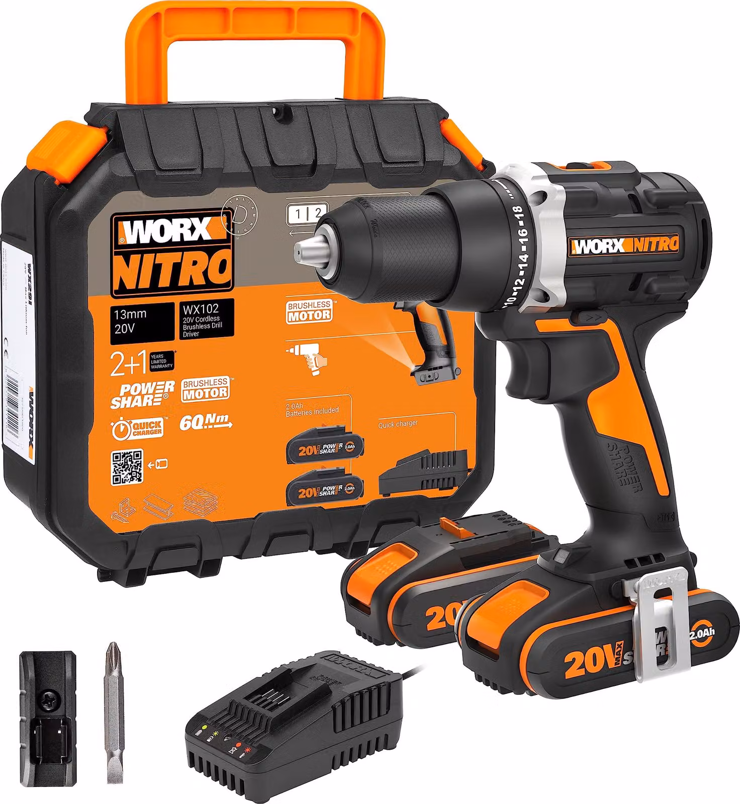 Trapano avvitatore a batteria WORX Nitro 20V 60Nm WX102, motore brushless, incluso valigetta, 2 batterie da 2Ah e caricabatterie
