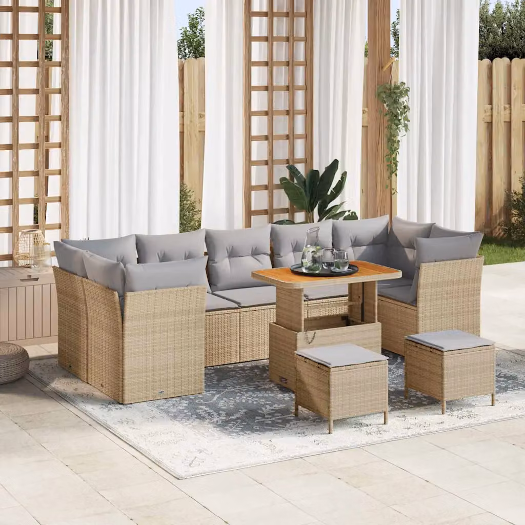 Set Divano da Giardino vidaXL in Polyrattan Beige con Cuscini e Tavolino da Esterno – 1