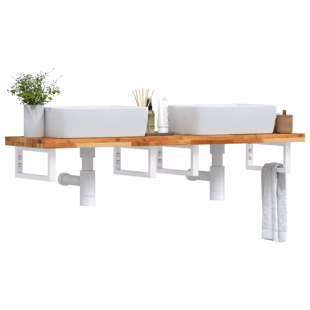vidaXL Ripiano a Parete per Lavabo in Accacia e Metallo, Marrone e Bianco, L: 40 cm, P: 19 cm, H: 5 cm