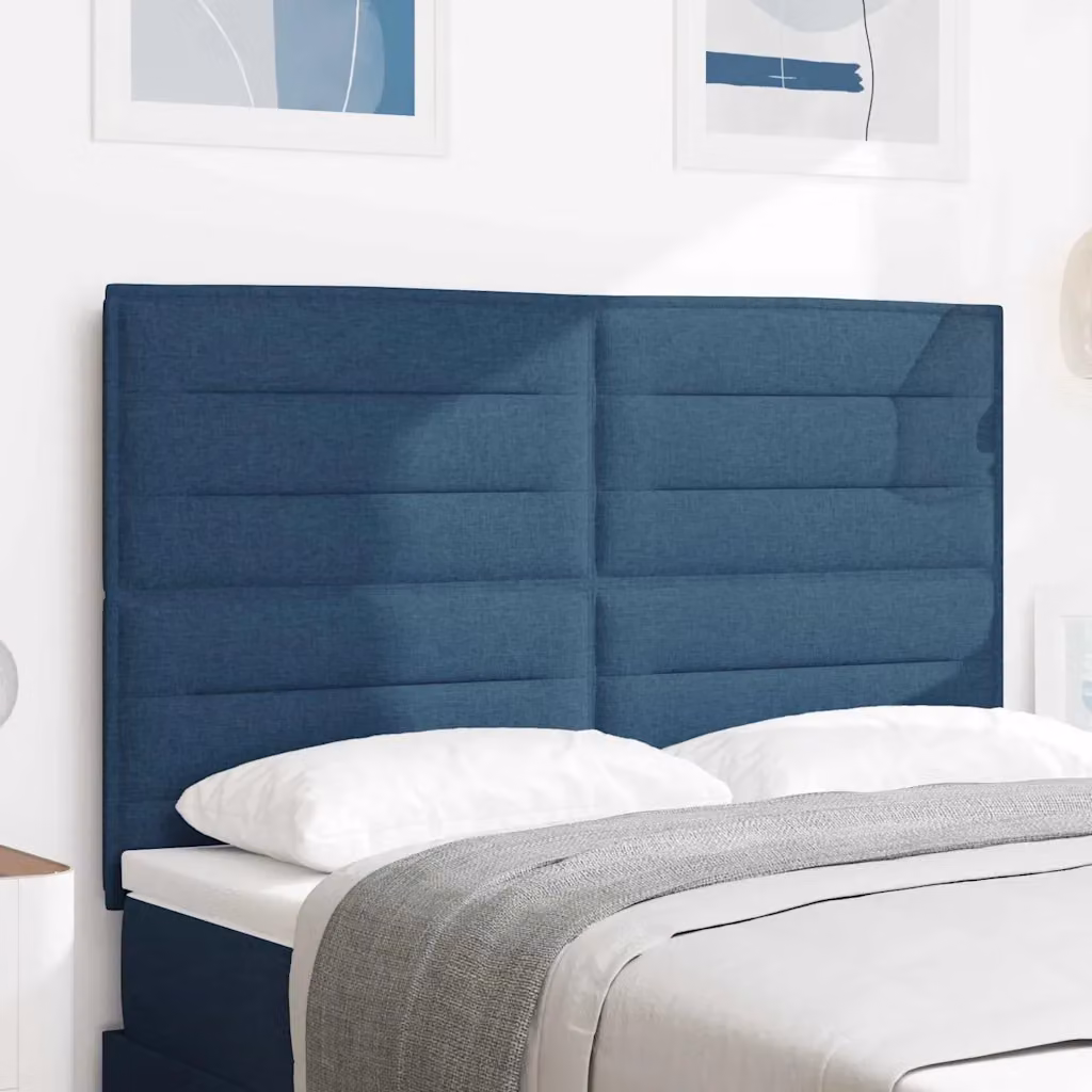 Testiera per letto moderna vidaXL in tessuto blu e legno di pino, L: 144 cm, H: 128 cm, P: 8,2 cm