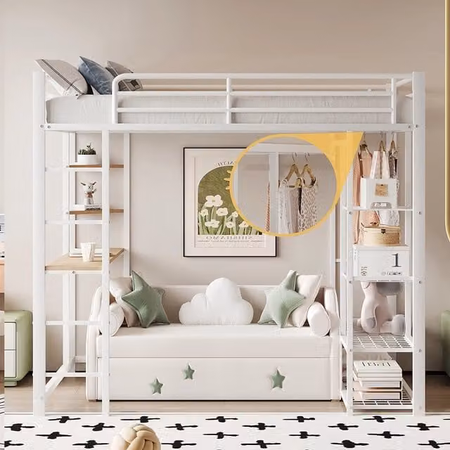 Letto a castello 140x200 cm - Xylo - Bianco con scala, scrivania e spazio di archiviazione