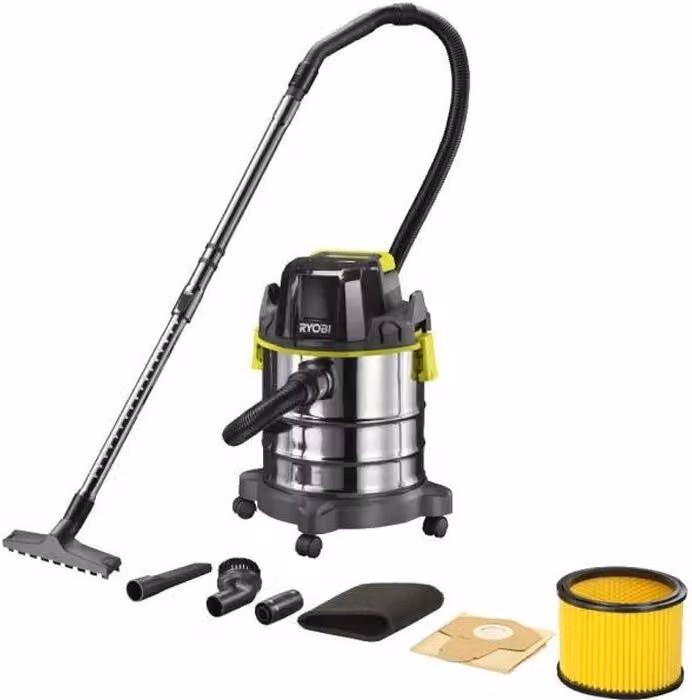 Aspirapolvere e aspirafango RYOBI 18V ONE+, serbatoio in acciaio inox da 18 litri, 11,4 kPa, tubo flessibile da 1,8 m, R18WDV-0