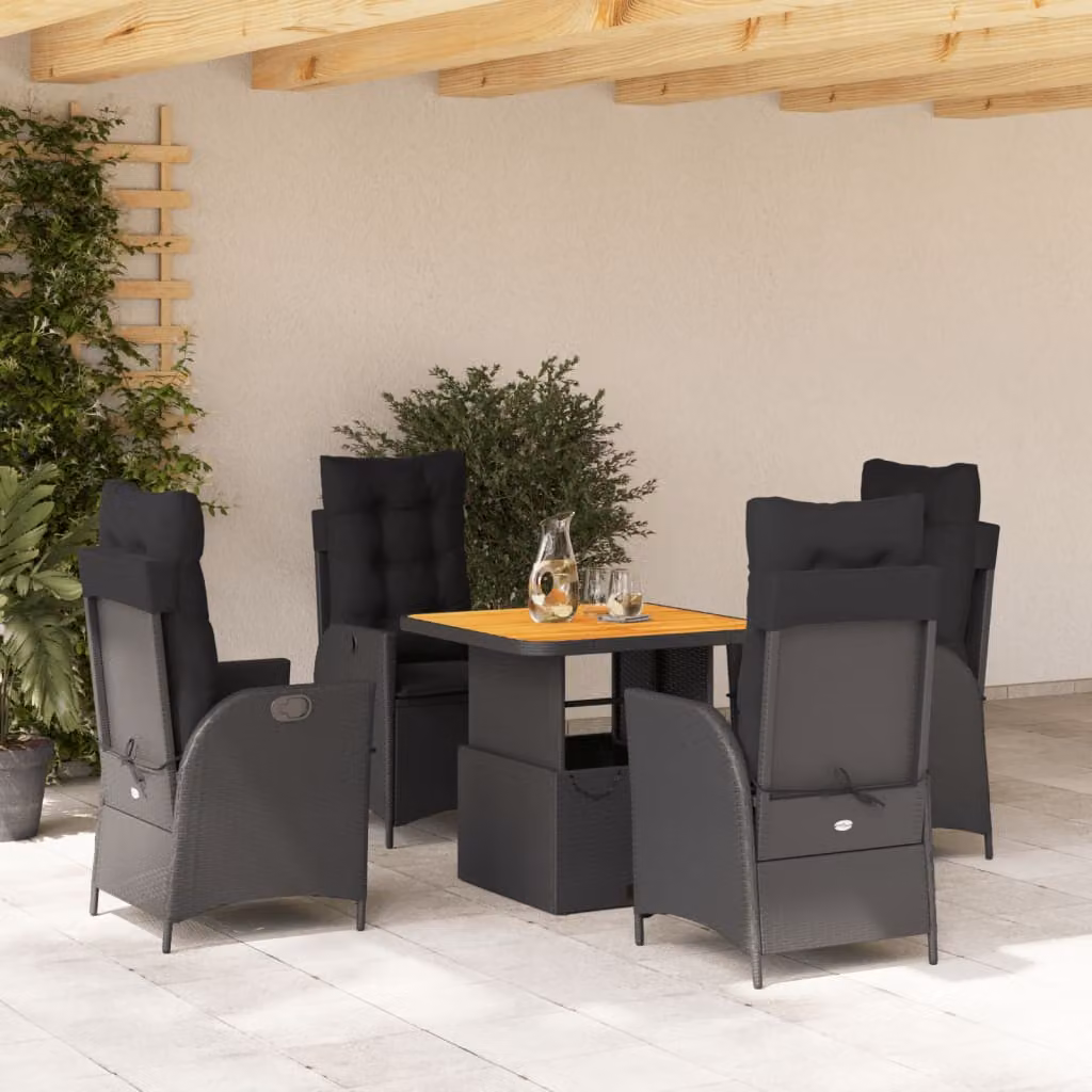 Set da Pranzo da Giardino Moderno vidaXL in Legno di Acacia Oliato e Polyrattan Nero e Marrone con 5 Sedute – 1