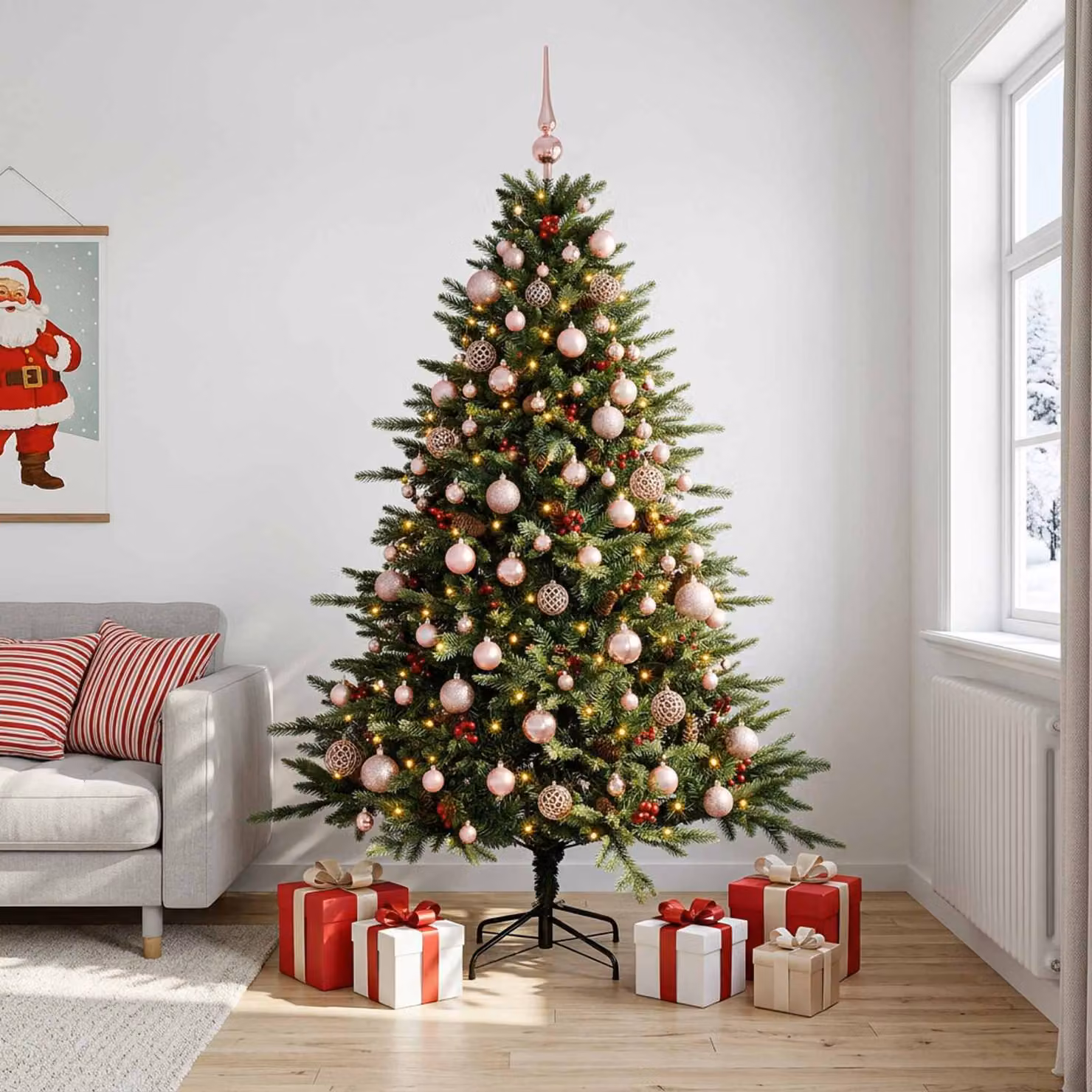 Albero di Natale artificiale verde vidaXL con 300 LED luce bianca calda e decorazioni con palline, Altezza: 210 cm