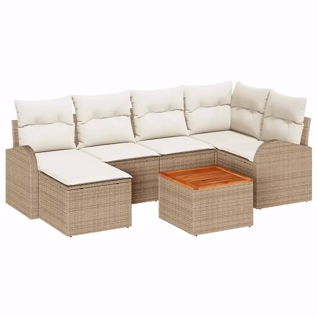 vidaXL Set Divano da Giardino 7 pz a L con Tavolino e Pouf, Beige e Bianco, Struttura in Metallo e Polyrattan – 2