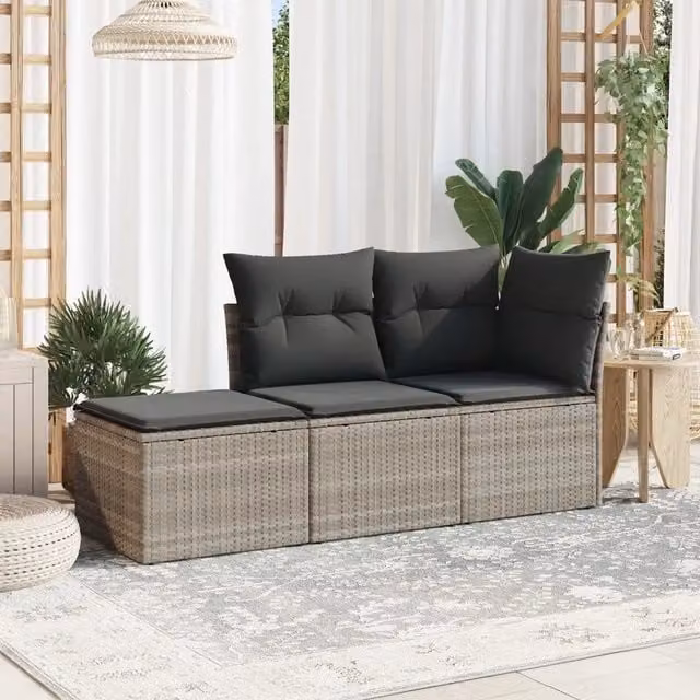 Set Divano da Giardino 3pz con Cuscini-Sofa da Giardino-Divanetto da esterno Grigio Chiaro Polyrattan 399982