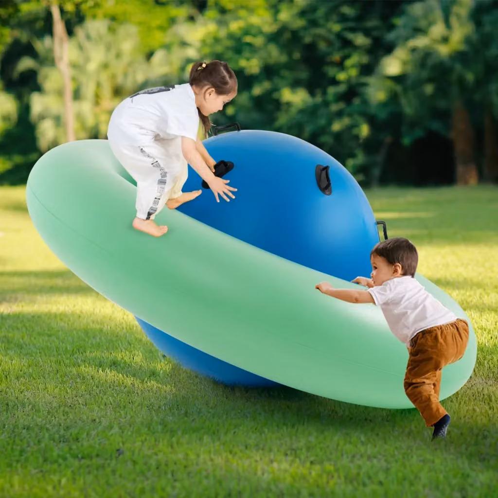 Giostra gonfiabile a forma di pianeta per bambini con 6 maniglie incorporate, Verde e Blu, Altezza: 223 cm – 2