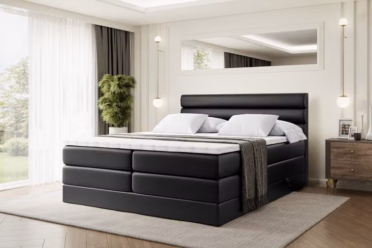 Letto boxspring ALTDECOR con 2 materassi e topper - 160x200 cm - CELESTIA KING - Pelle finta nera - Letto imbottito con materassi H3 e H4, contenitore e rete a doghe, letto con spazio contenitivo