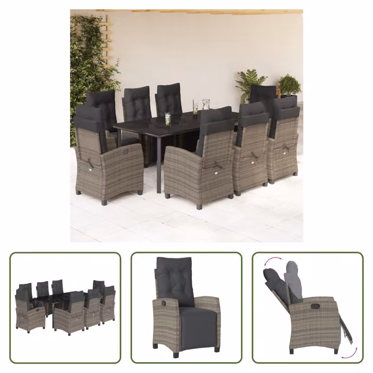 The Living Store Set da pranzo da giardino 9 pezzi con cuscini in poly rattan grigio
