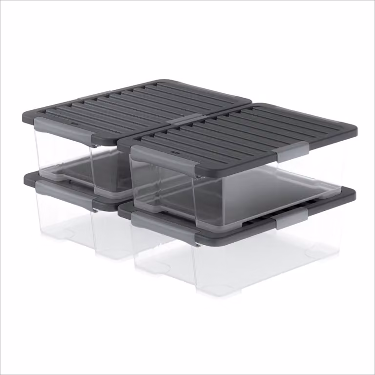 Set di 4 contenitori Rotho Core Pro con coperchio, capacità 30 litri ciascuno, ermetici, impilabili. Contenitori con coperchio, capacità 4 x 30 litri