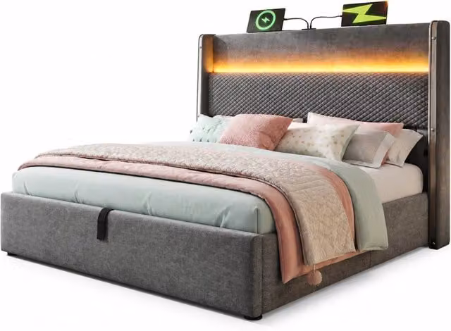 Letto matrimoniale 180x200 cm con contenitore idraulico; LED e USB-C; grigio effetto lino