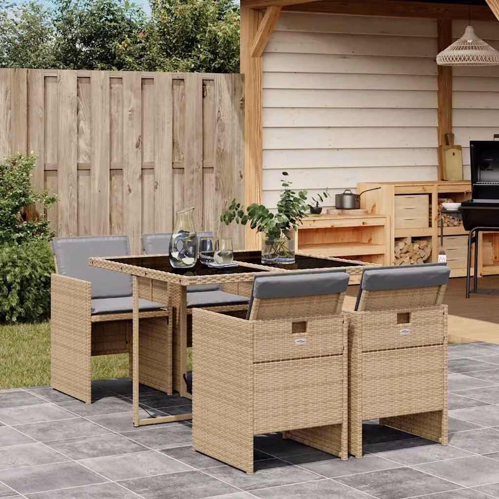 Set Pranzo da Giardino vidaXL in Polyrattan con Cuscini Beige e Grigio e Tavolo in Vetro 5 pz – 1