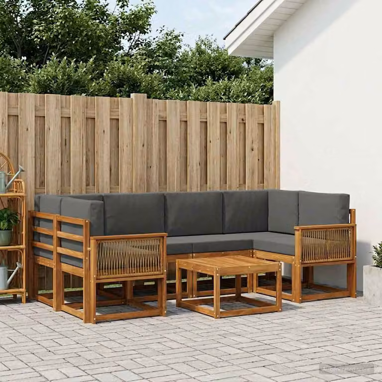 Set di divani da esterno vidaXL a forma di L in legno di acacia con tavolo da caffè, 7 pezzi, colore naturale e antracite