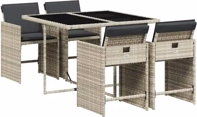 Set Pranzo da Giardino 5pz | Set Salotto da Giardino con Cuscini Grigio Chiaro Polyrattan