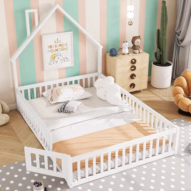 Letto bambino-Xylo-140x190 cm-forma camino, doghe, pino, bianco