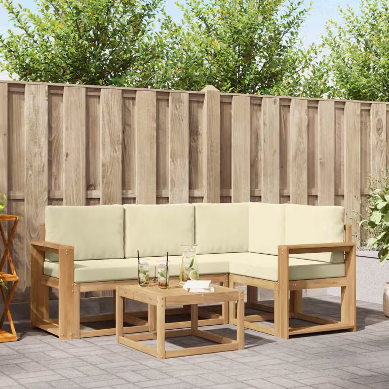 Set di divani da esterno vidaXL a forma di L in legno di acacia con tavolo da caffè e cuscini, Bianco e Beige