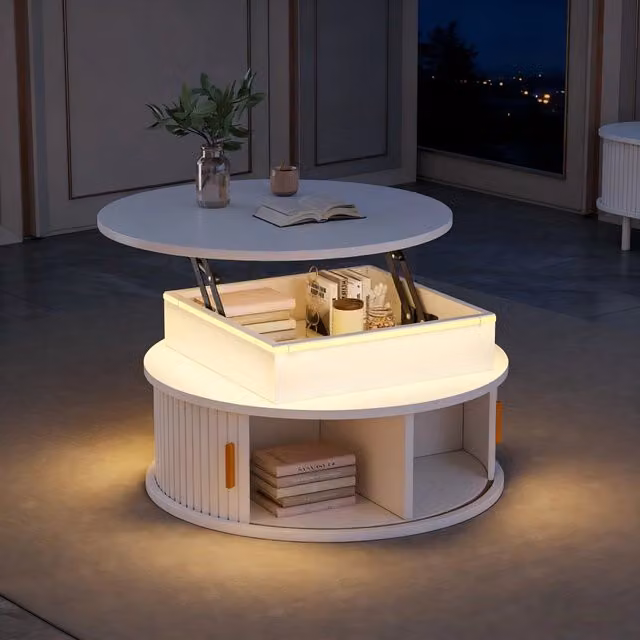 Tavolino basso alzabile rotondo con LED e 5 vani contenitore in MDF bianco piano lucido diametro 75 cm