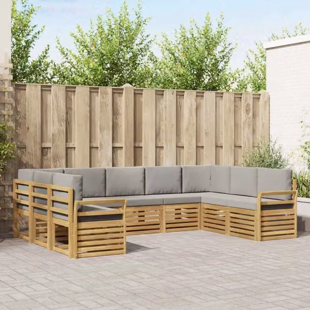 Set di divani ad angolo vidaXL in legno di acacia massello con cuscini marroni e grigi per giardino e terrazzo – 1