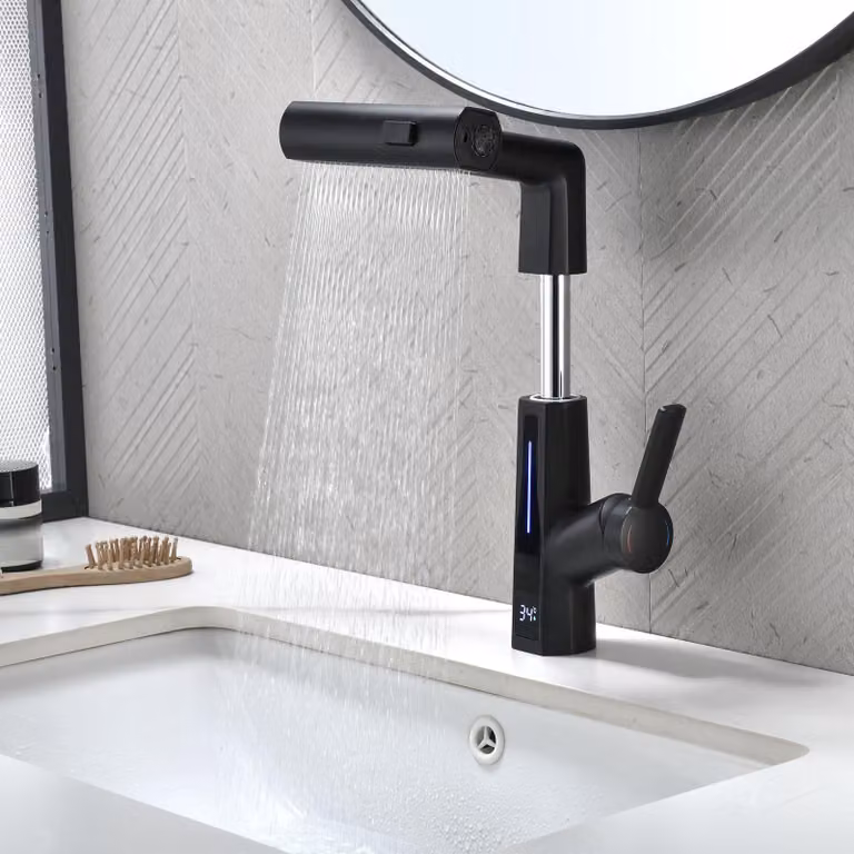 Miscelatore per lavabo, display LED, 3 modalità, estensibile, regolabile in altezza, in ottone