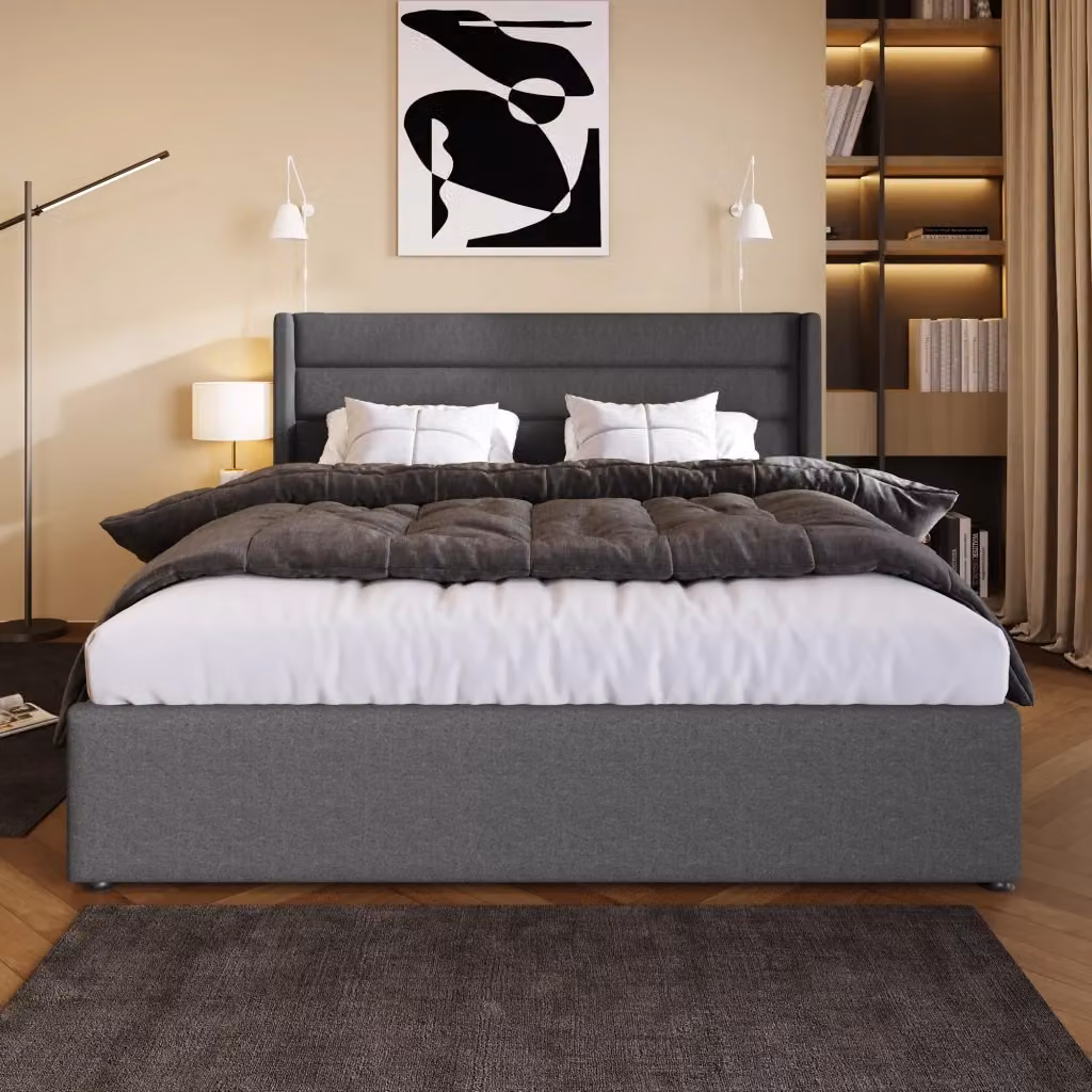 Letto contenitore matrimoniale OKWISH con testiera imbottita e sistema di sollevamento idraulico, grigio, L/P/H: 180 x 200 x 193,5 cm – 2