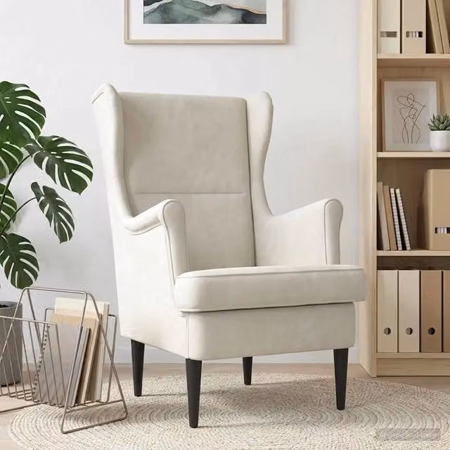 Poltrona moderna in velluto beige con braccioli e struttura in legno e metallo 257022