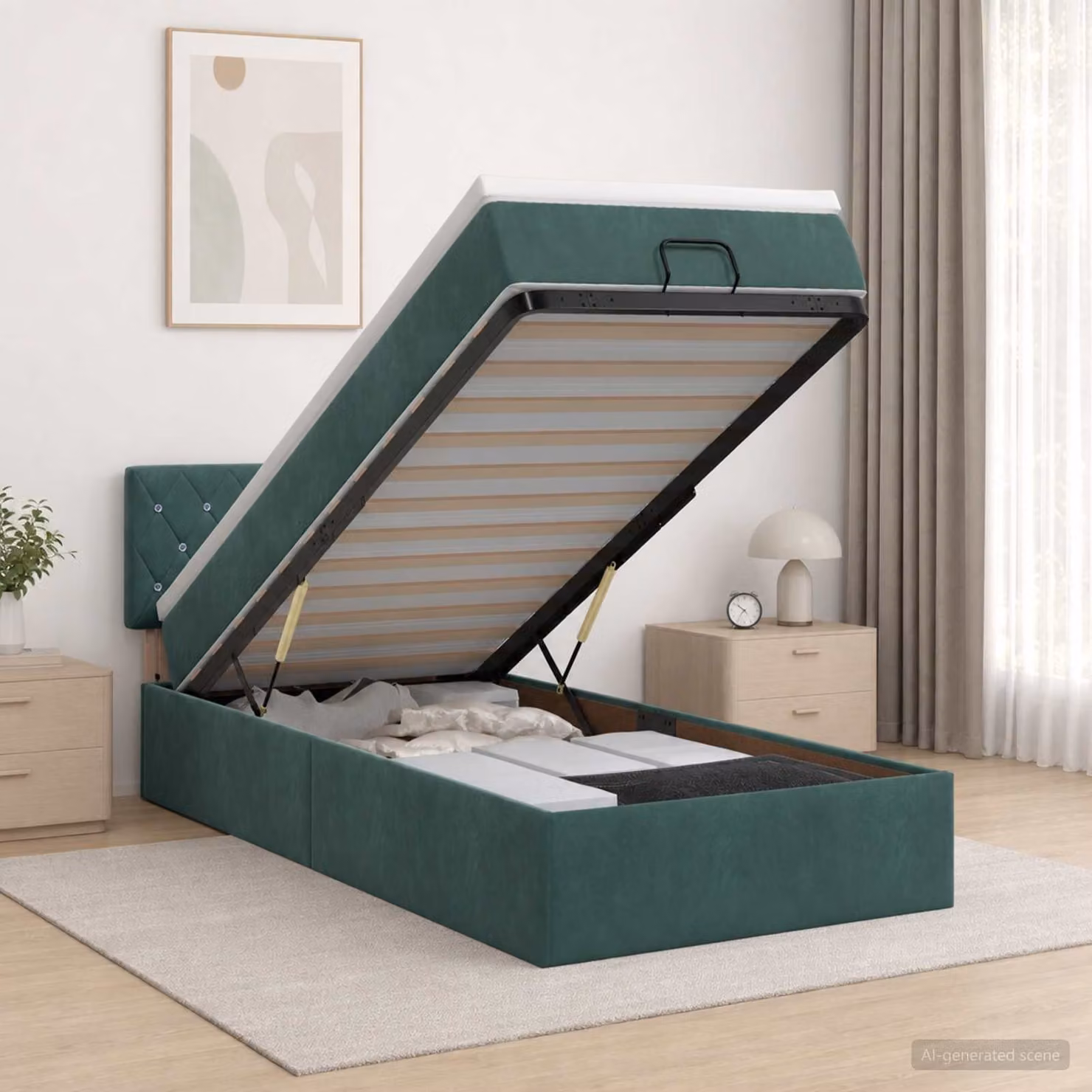 Letto ottomano con materasso vidaXL in velluto verde scuro, L/P/H: 203 x 100 x 128 cm