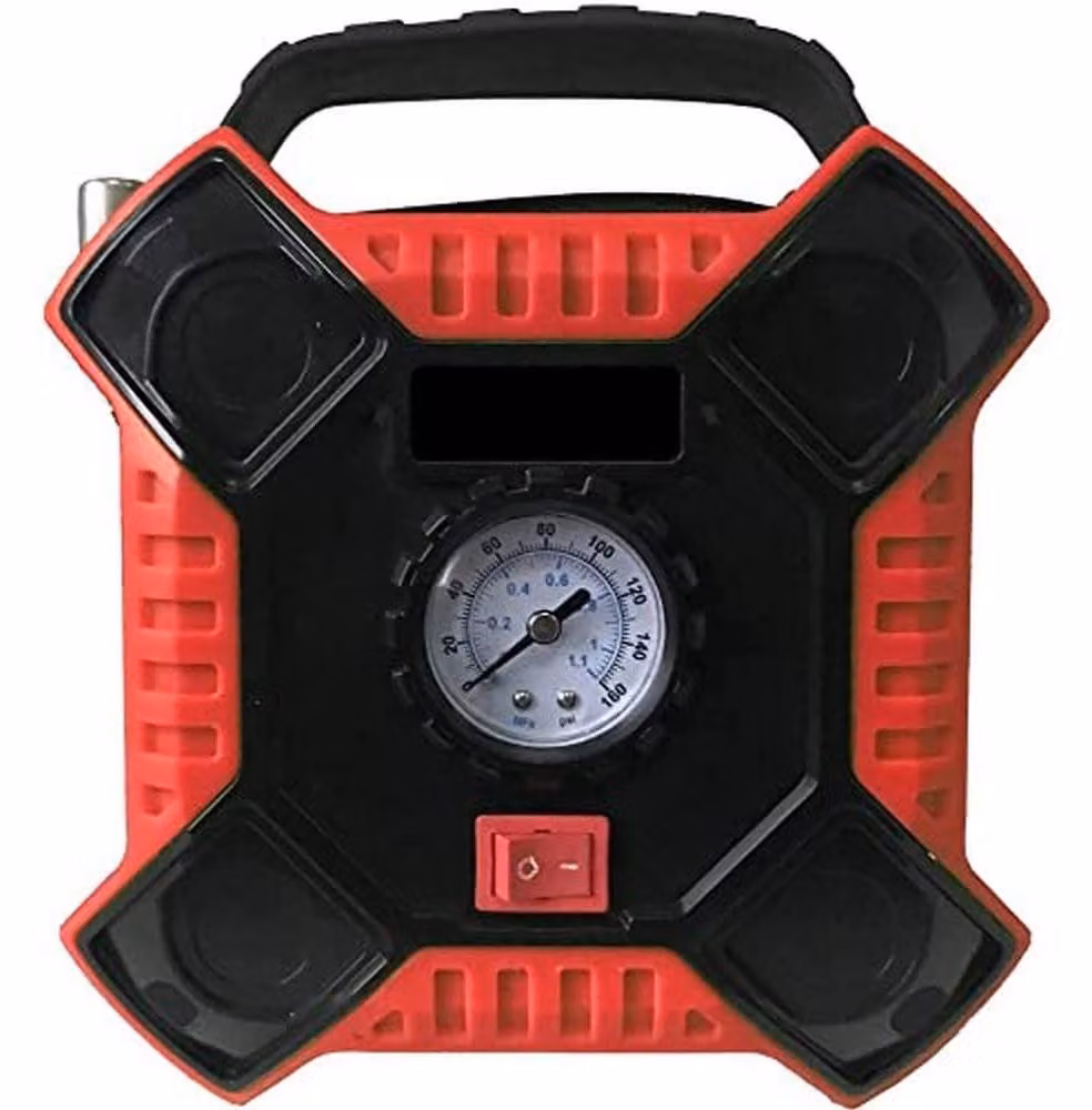 Compressore d'aria portatile da 12V per auto, con manometro analogico e 3 adattatori