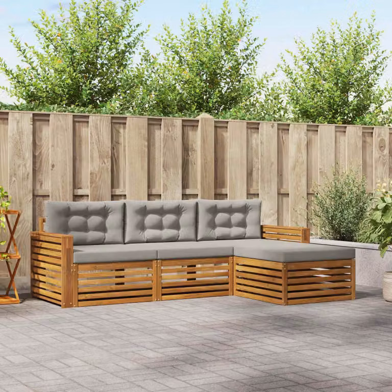 Set di divani da esterno vidaXL a forma di L in legno di acacia con pouf e cuscini, beige e grigio
