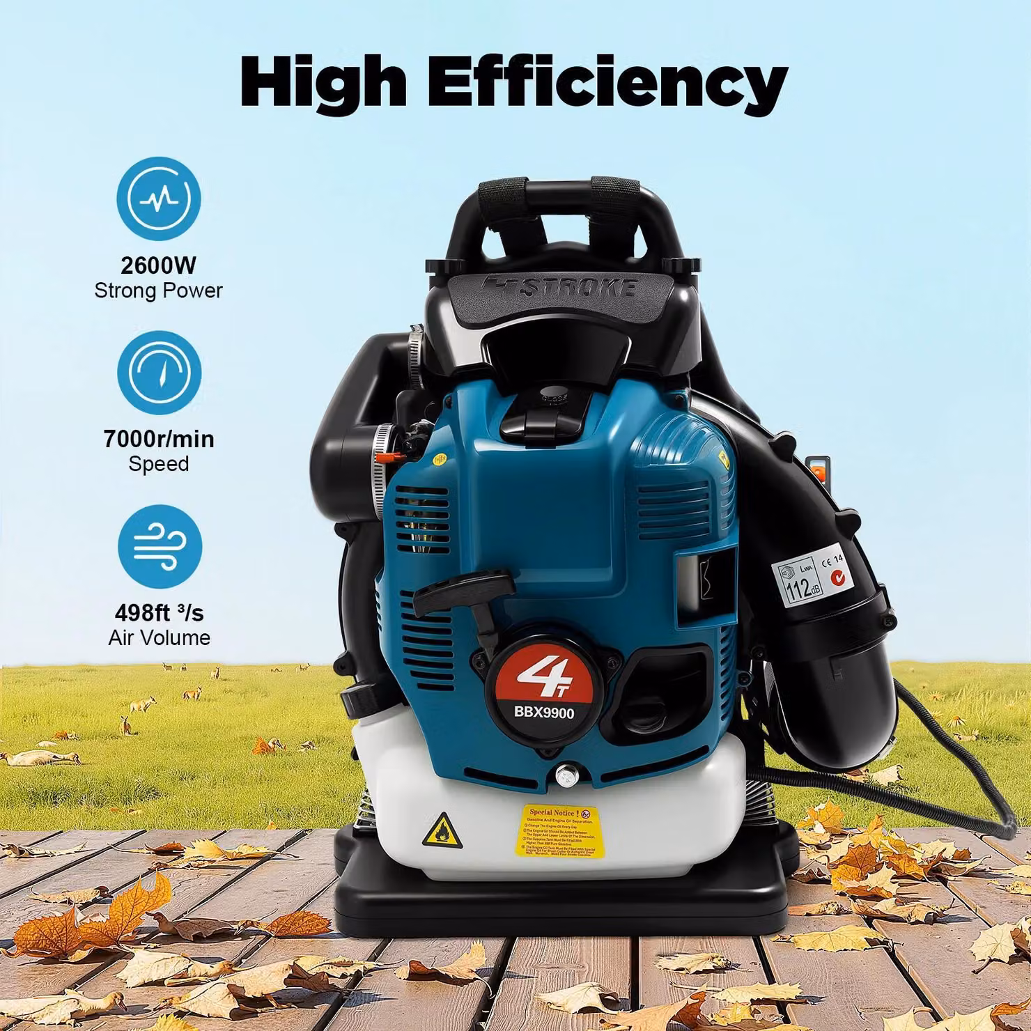 Soffiatore a zaino - BBX9900 - Motore a benzina a quattro tempi - Benzina ≥92 ottani - Serbatoio da 1,9 l - Avviamento manuale - 32×23×56 cm - Blu
