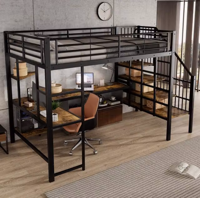 Letto a soppalco in metallo e MDF con scrivania; porta di ricarica e scala angolare 120x200 cm