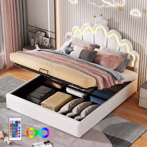 Letto matrimoniale AIORBER, letto imbottito, 140x200cm, design a nuvola, lampade LED regolabili, letto idraulico con contenitore, per bambini o adolescenti