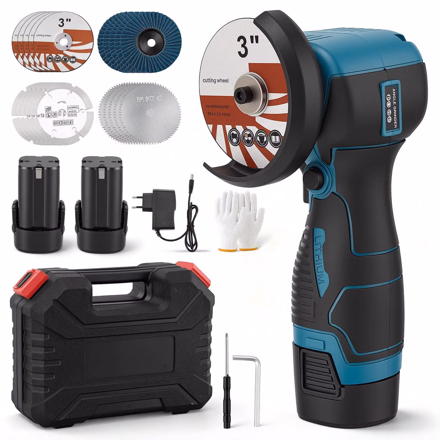 Smerigliatrice angolare compatta, 16,8V, con batteria, dotata di 20 dischi abrasivi e custodia per utensili
