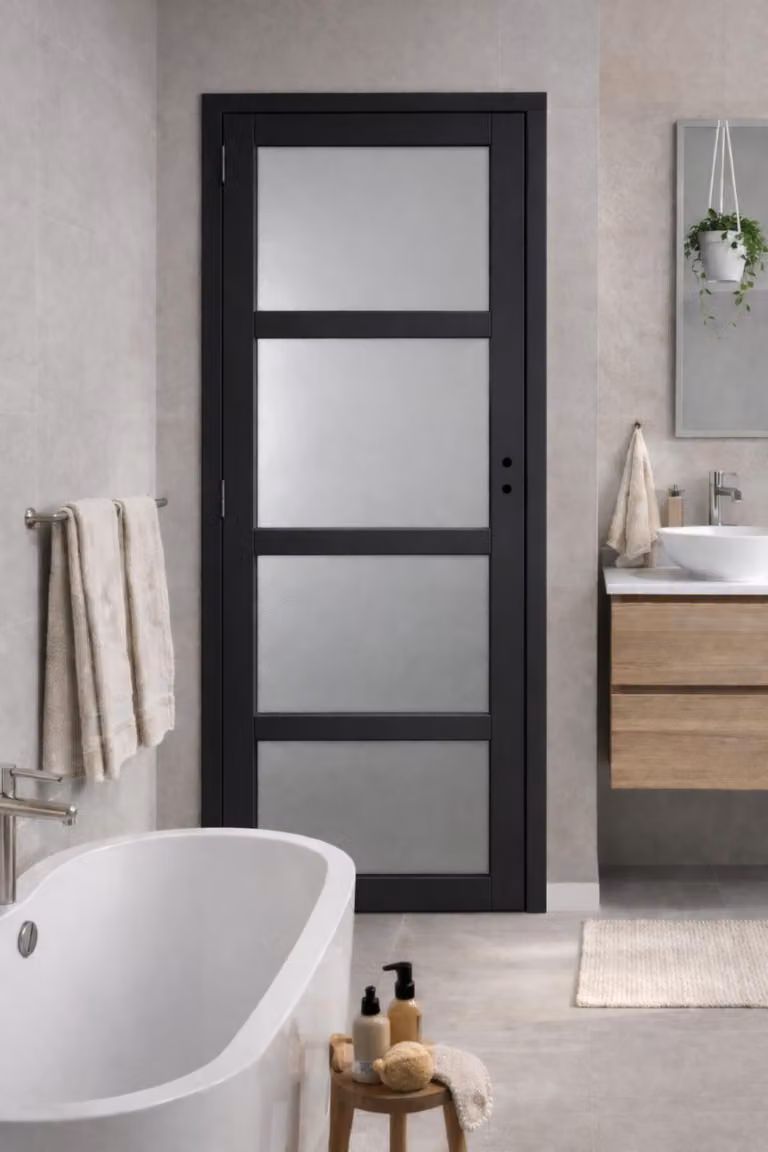 Bloc Porta Telia Nero Vetrato H204 x L83 cm, lato tavolo P. destro, GD MENUISERIES