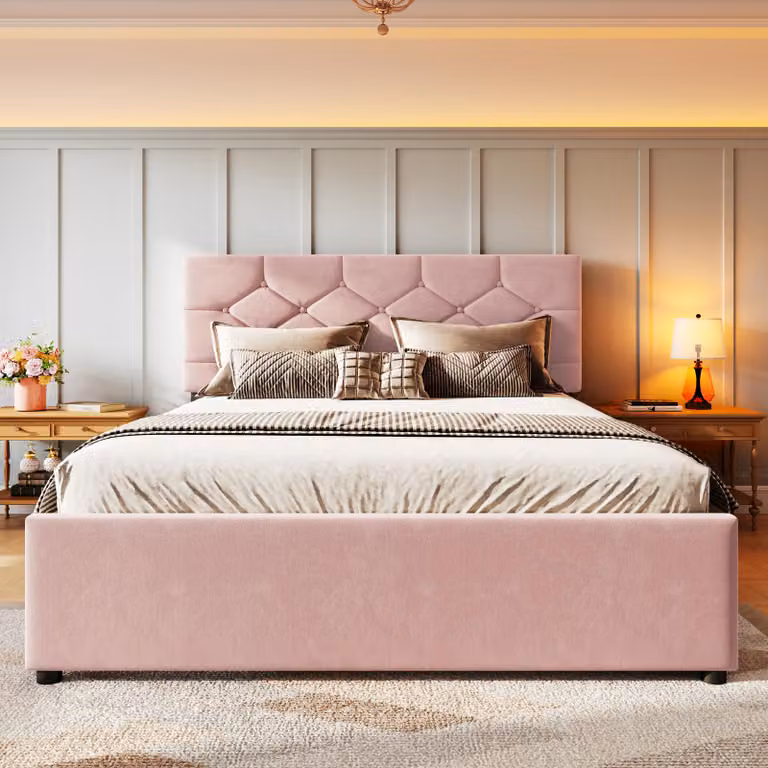 Letto imbottito Flieks 140x200cm con letto estraibile, letto matrimoniale letto per giovani letto per bambini con rete a doghe, letto in legno letto funzionale letto da giorno, velluto, rosa