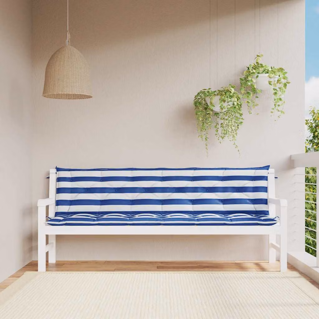 Set di 2 cuscini per panca da giardino vidaXL con motivo a righe marittime bianche e blu, impermeabili e resistenti ai raggi UV, L 200 cm x P 50 cm x H 7 cm