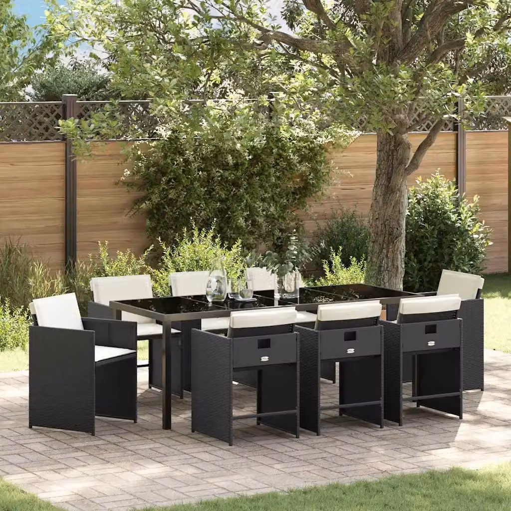 Set da pranzo per giardino e terrazzo vidaXL in polyrattan nero con tavolo in vetro, 9 pezzi