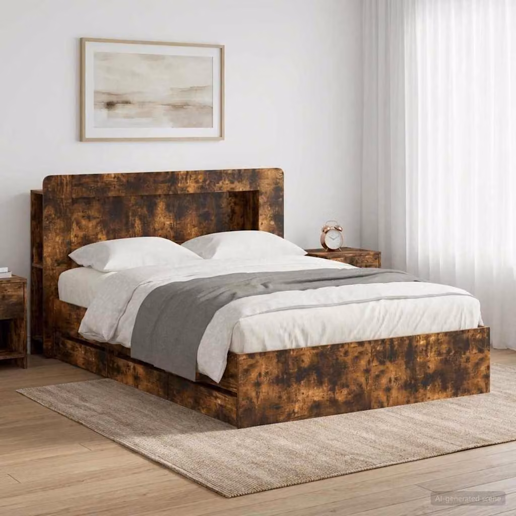 Struttura letto con contenitore e testata vidaXL in legno Rovere Fumo, L/P/H: 140 x 190 x 211,5 cm
