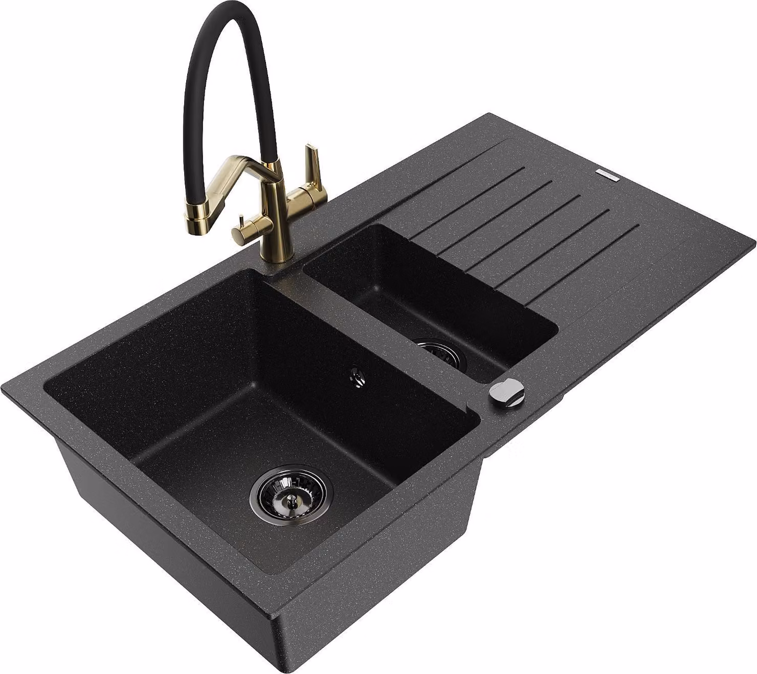 Mexen Matias lavello in granito 1,5 vasche con gocciolatoio e miscelatore cucina Duo, nero/argento - 6502-73-671701-57-B