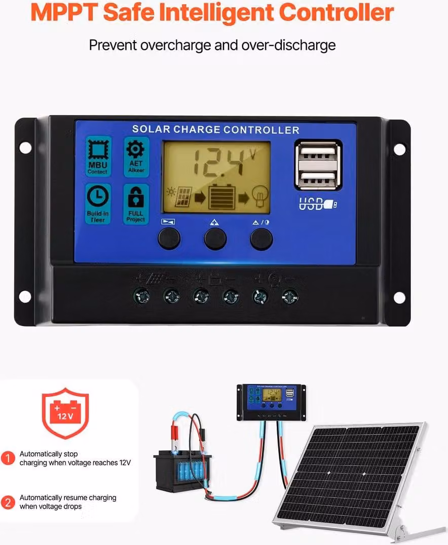 Caricabatteria solare da 50 W 12 V con funzione di mantenimento della carica, caricabatteria solare mono con controller MPPT aggiornato e staffa di montaggio regolabile, impermeabile IP65 per auto, barche, camper, roulotte e tetti di case.