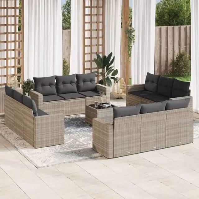 Set di Divani da Giardino VIDAXL in Polyrattan Grigio Chiaro con Cuscini, Design Moderno a Forma di U, 13 Pezzi – 1