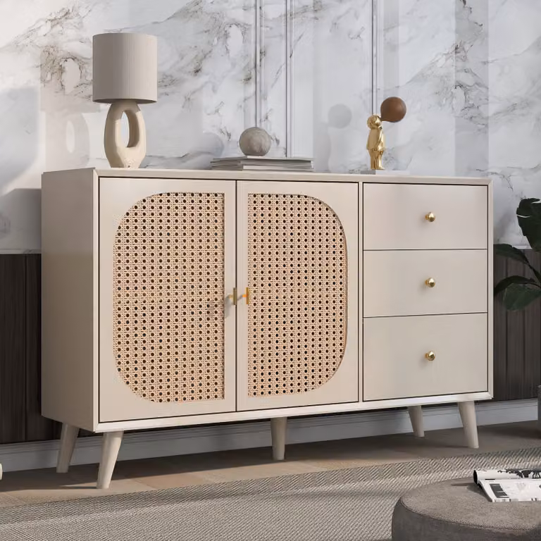 MODFU cassettiera, credenza, piano alto con 2 ante e 3 cassetti (larghezza 120 cm), beige