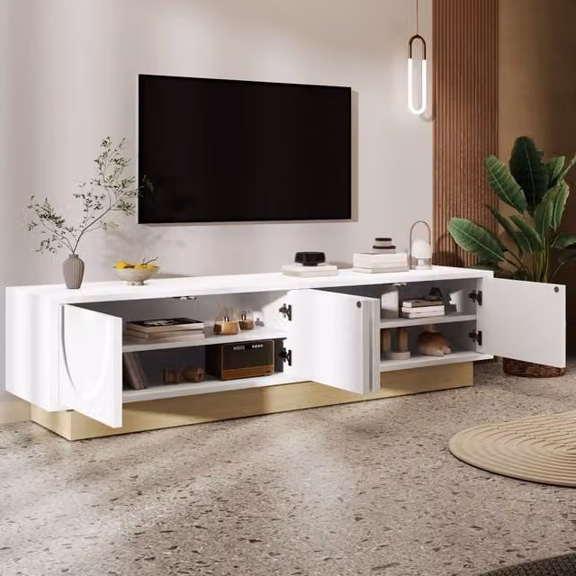 Mobile TV con 4 ante push-to-open e 2 ripiani interni, base effetto legno, per soggiorno, MDF bianco, 175 × 40 × 41.5 cm