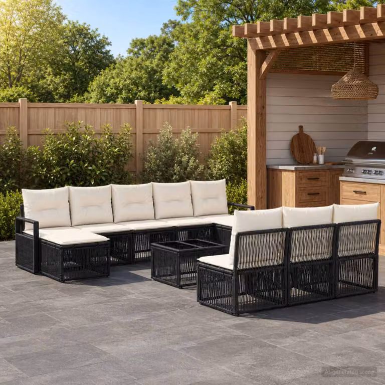 Set Divano da Giardino vidaXL 11 pz a forma a U in Polyrattan Nero e Beige con Cuscini e Tavolino
