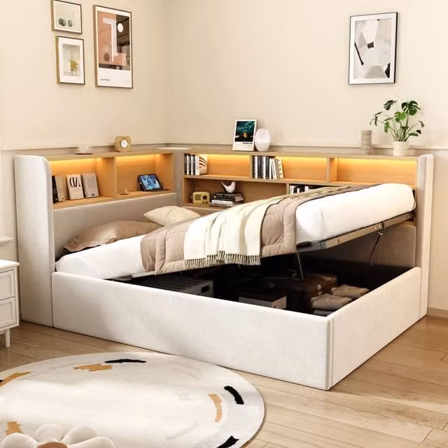 Letto divano singolo 90 × 200 cm con vano idraulico, LED, USB e Type-C, mensole, senza materasso, velluto beige