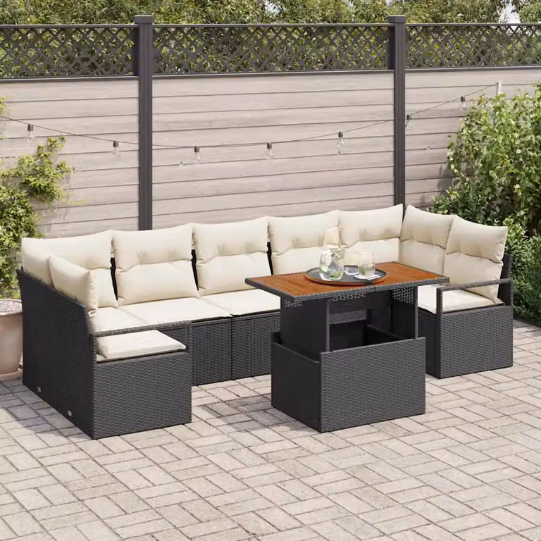 Set Divano da Giardino vidaXL 8 Pezzi a Forma di L con Cuscini Nero e Beige